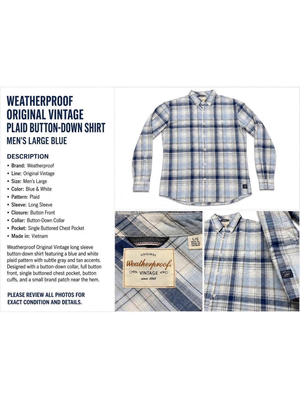 Weatherproof Original Vintage Men’s L Blue Plaid Long Sleeve Button Down Shirt